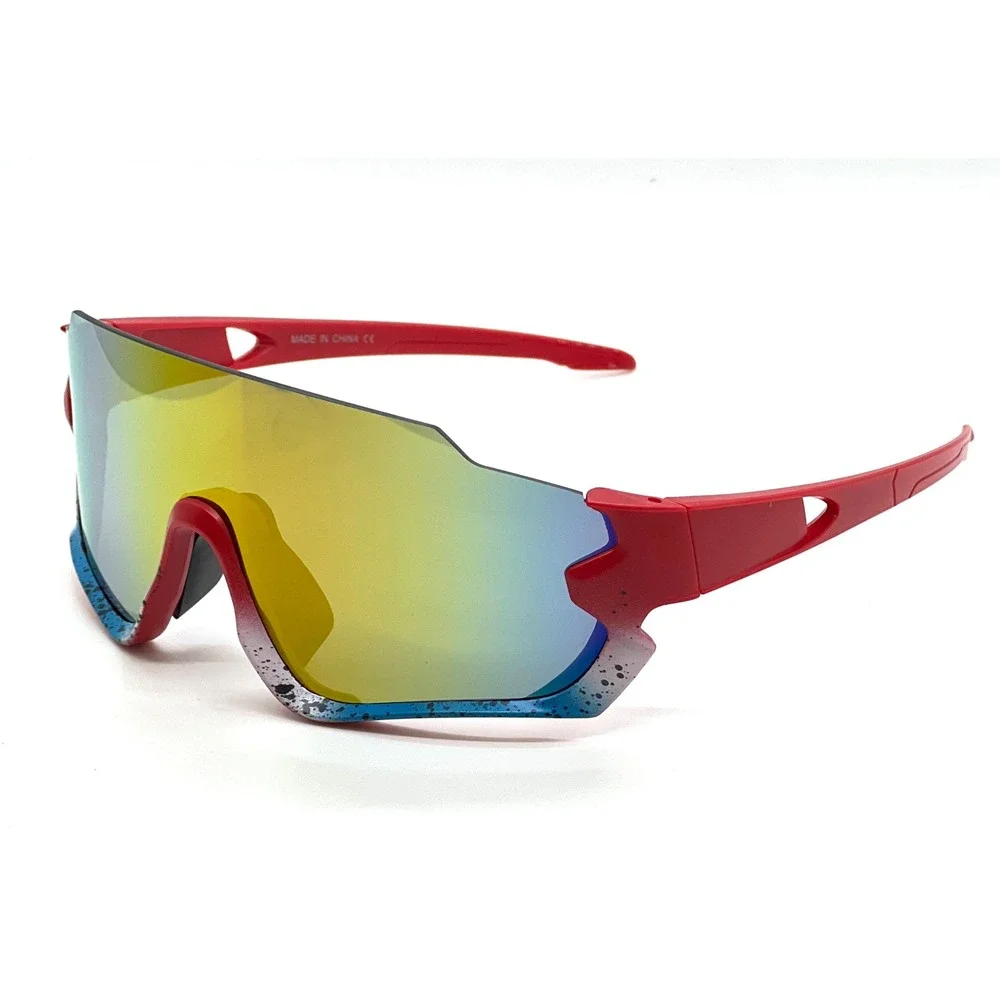 Mens Red Blue Splatter Shield Sunglasses Mirrored Gold Lens‎ Sporty Wrap Shades